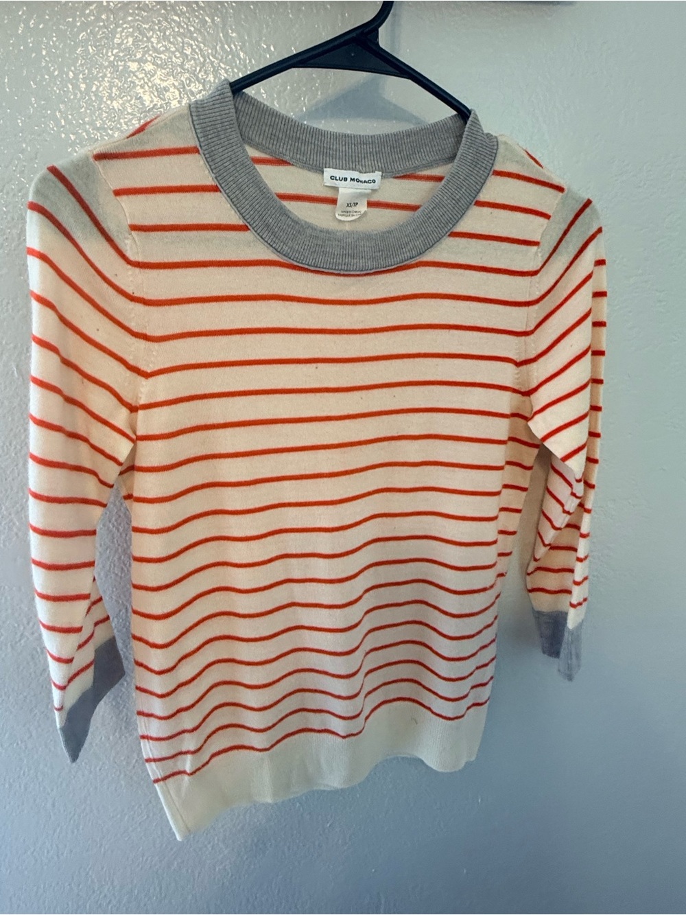 Club Monaco Cream Sweater with Orange Stripes and Gray Trim